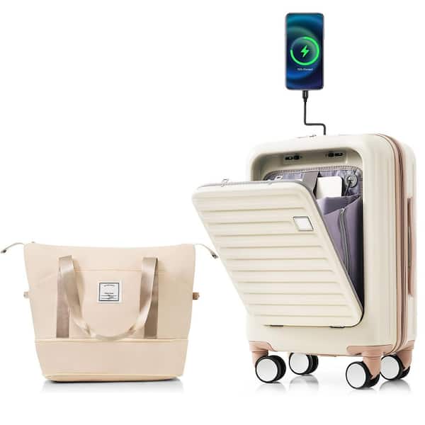 Merax Front Opening 2-Piece Ivory and Golden 20 in. ABS Hardshell Spinner Luggage Set w/ Expandable Bag USB Ports Cup Holder