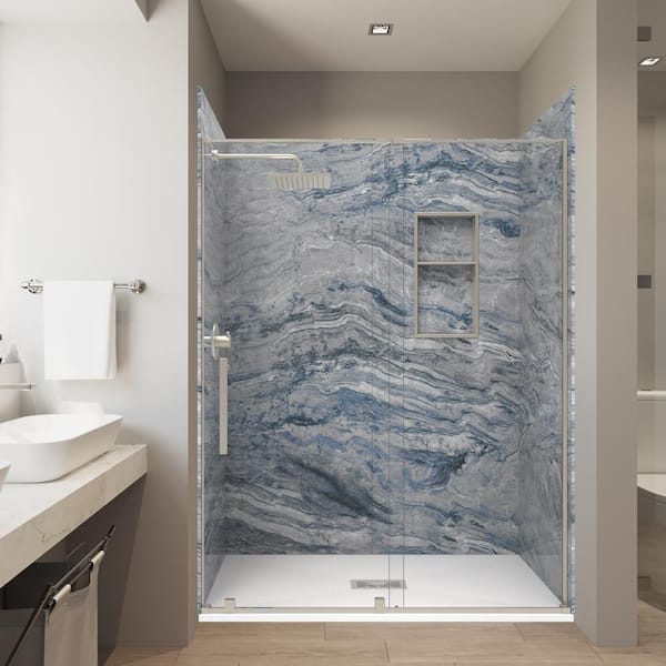 Nacarado Blue 32x60x 84in. Solid Composite Stone Alcove Shower Combo Kit Matching Brushed Nickel Door, Niche, and Drain