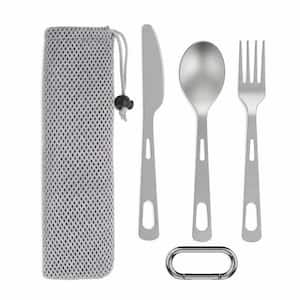3-Piece Titanium Flatware Set, Ultra Lightweight Portable Reusable Knife Fork Spoon with Bag and Carabiner for Camping