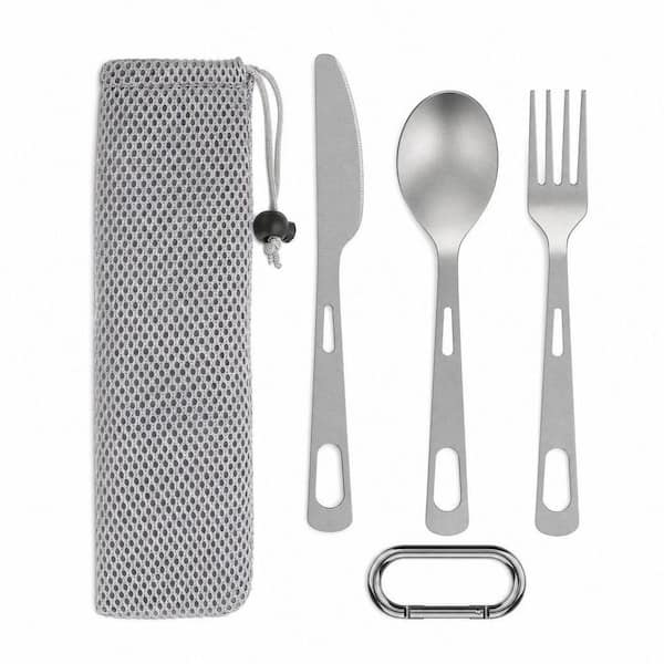 3-Piece Titanium Flatware Set, Ultra Lightweight Portable Reusable Knife Fork Spoon with Bag and Carabiner for Camping