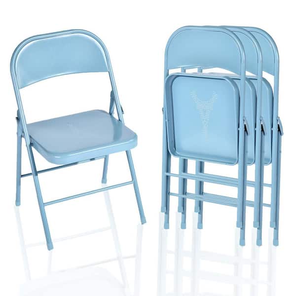FRICF EB 4-Pack Metal Blue Folding Accent Chairs, Modern Ergonomic Leisure Chairs with Eiffel Tower Design (Set of 4)