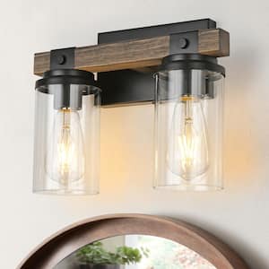 12. 6-in. 2-Lights Black and Brown Wood Farmhouse Vanity Light with Glass Shades