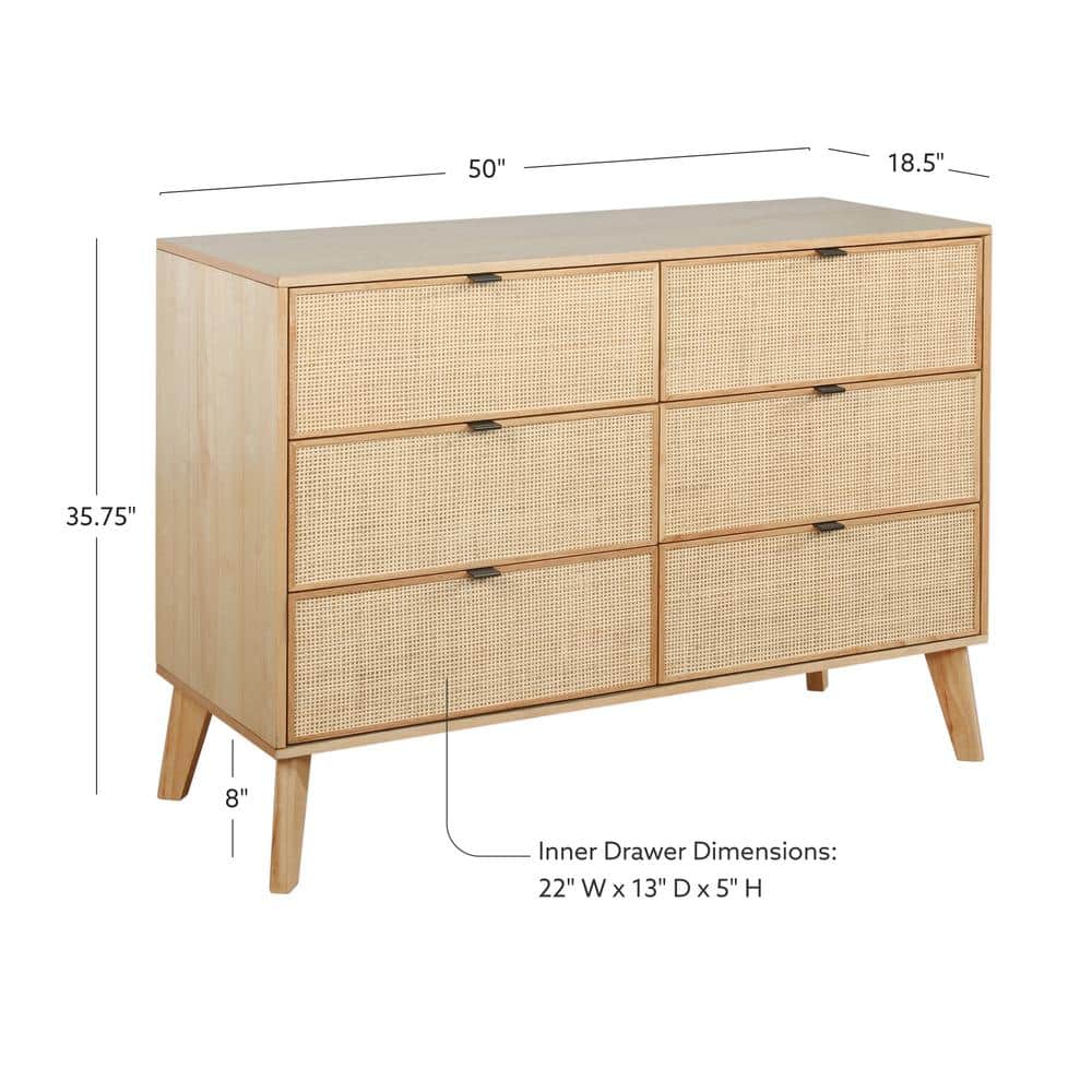 Mid-Century Natural Wood and Rattan 6-Drawer Dresser