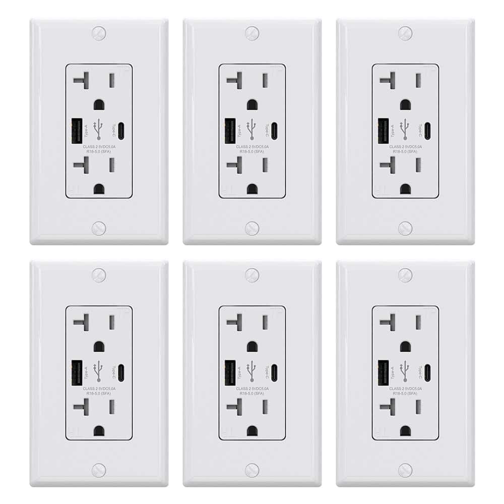 25-Watt 20 Amp Type A & C Dual USB Wall Charger with Duplex Tamper Resistant Outlet, Wall Plate Included, White (6-Pack) price history on PriceWatchPro