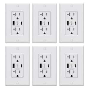 25-Watt 20 Amp Type A & C Dual USB Wall Charger with Duplex Tamper Resistant Outlet, Wall Plate Included, White (6-Pack)