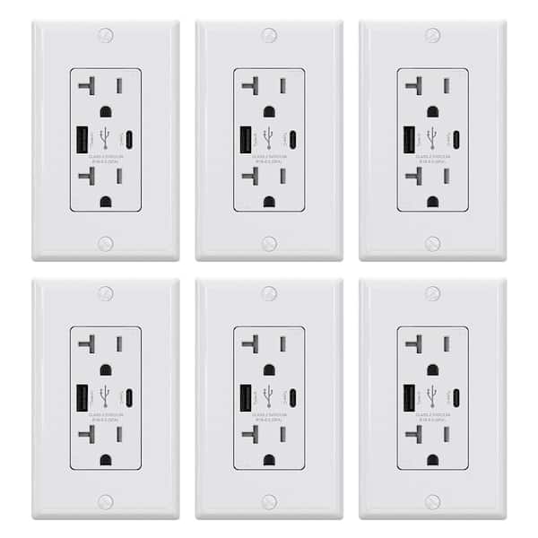 ELEGRP 25-Watt 20 Amp Type A & C Dual USB Wall Charger with Duplex Tamper Resistant Outlet, Wall Plate Included, White (6-Pack)