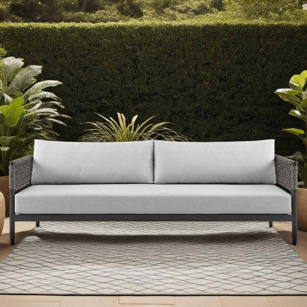 Alegria Black Aluminum and Rope Outdoor Sofa with Gray Cushions