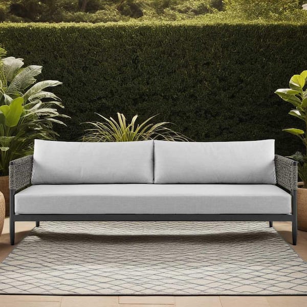 Armen Living Alegria Black Aluminum Outdoor Couch with Gray Cushions
