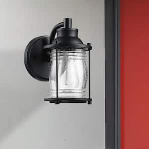 4.7 in. 1-Light Dark Black Finish Hardwired Outdoor Wall Lantern Wall Sconce with Seeded Glass Shade