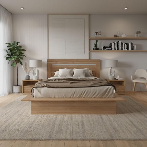 Sarina 4-Piece Brown Oak Wood Queen Size Bedroom Set