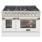 Custom KNG 48 in. 6.7 cu. ft. Natural Gas Range Double Oven with Convection in White with White Knobs and Gold Handle