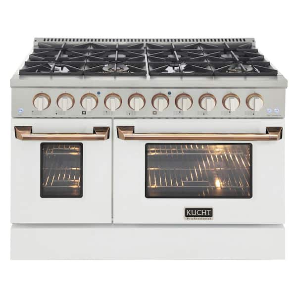 Kucht 48 in. 6.7 cu. ft. Double Oven Dual Fuel Range with Gas Stove and Electric Oven with Convection Oven in White and Gold