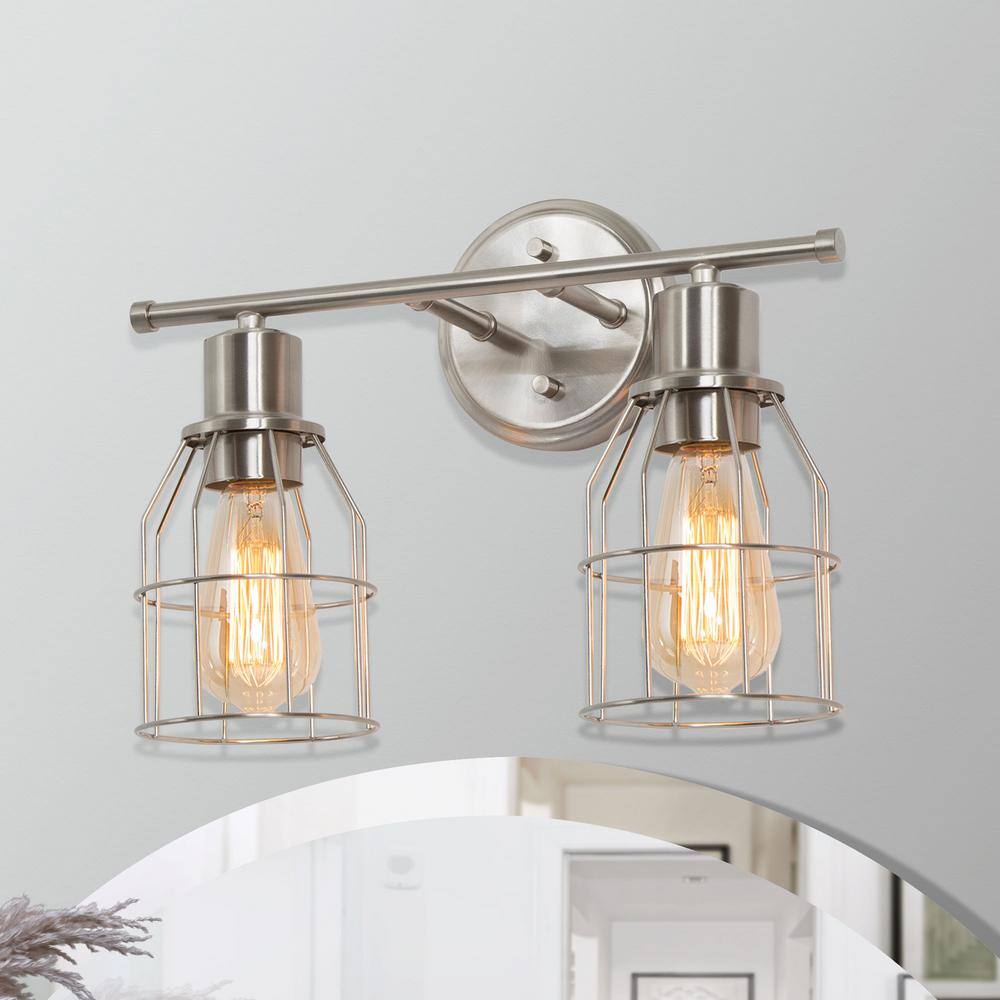 LNC 14.5 in. Modern Industrial Vanity Light 2-Light Nickel Cage Linear Powder Room Bathroom Wall ...