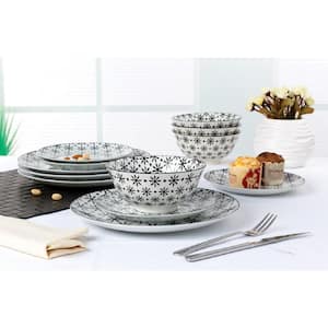 12-Piece Printed Crystal Daisy Black/White Porcelain Dinnerware Set (Service for 4)