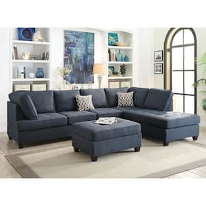 118 in. 2-Piece Fabric 6-Seater L-Shaped Sectional Sofa with Wood Legs in Blue