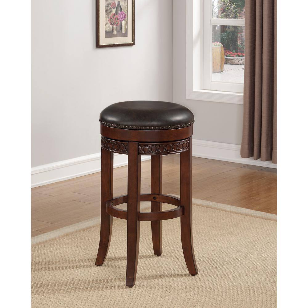 Cherry Finish Backless Swivel Counter Stool with Brown Leather Cushion