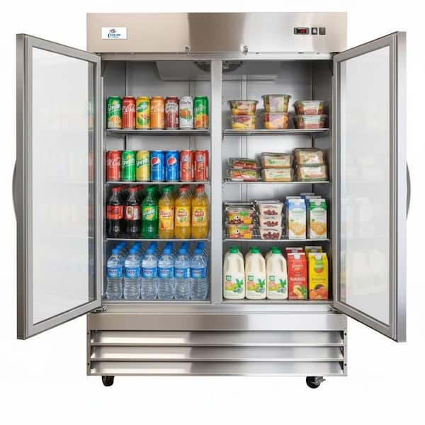 55 in. W 47 cu. ft. NSF Commercial 2-Glass Door Display Reach-In Upright Merchandiser Refrigerator in Stainless Steel