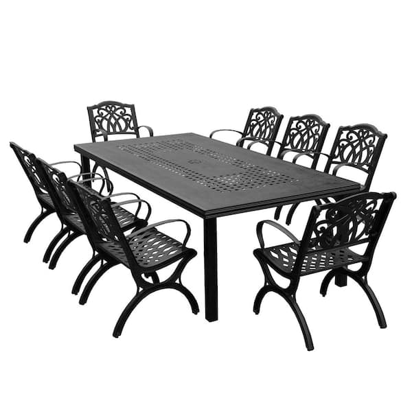 Black 9-Piece Aluminum Rectangular Mesh Outdoor Dining Set with 8-Chairs