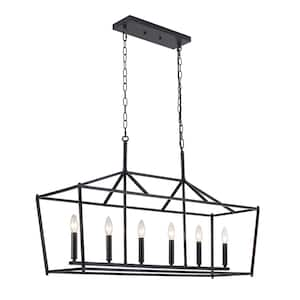 6-Light Kitchen Island Linear Chandelier, Large Farmhouse Black Pendant Lighting for Dining Room Over Table