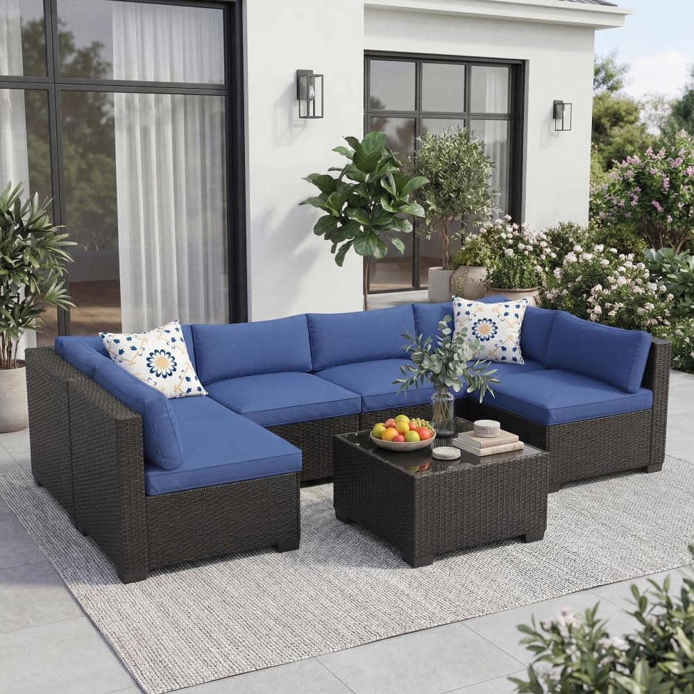 7-Piece Outdoor Conversation Furniture– Durable Iron Frame Cushions Black rattan and blue cushion price history on PriceWatchPro