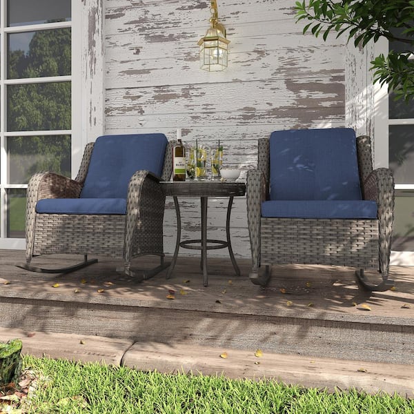 INMITOM 2-Pack Wicker Outdoor Rocking Chair Lounge Chair Patio with Blue Cushion