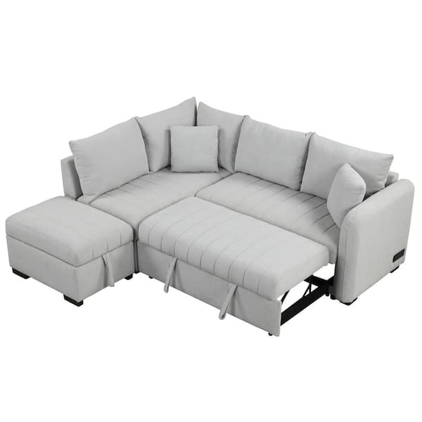 Nestfair 82.6 in. L Shaped Jacquard Fabric Sectional Sofa Bed in Gray with Ottoman, 2 USB Ports and Power Sockets