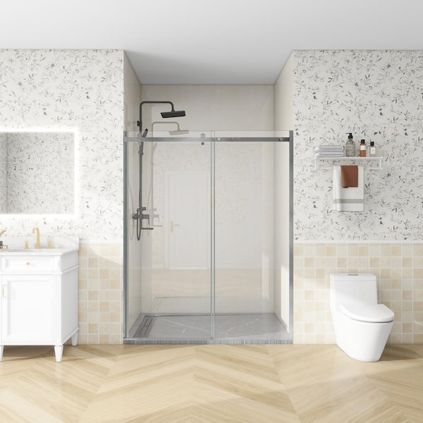 ANGELES HOME 60 in. W x74 in. H Sliding Frameless Shower Door in Chrome Finish with 5/16 in. Tempered Clear Glass