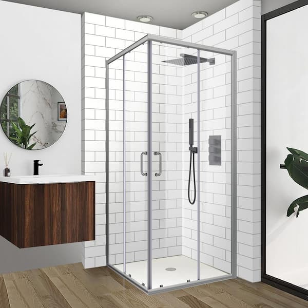 WELLFOR 36 in. x 72 in. Corner Shower Enclosure, Clear Glass, Double Sliding Doors, with Handle in Chrome ( Base not Included)
