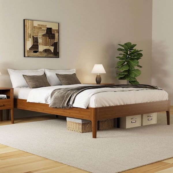 Brown Solid Bamboo Wood Frame Queen Size Platform Bed with Metal Support and Wood Slats