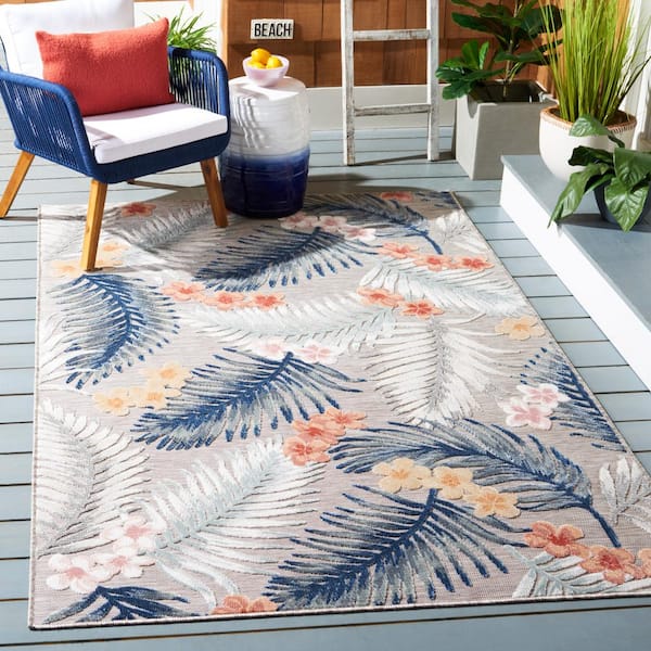 Cabana Gray/Navy 9 ft. x 12 ft. High-Low Botanical Floral Indoor/Outdoor Area Rug