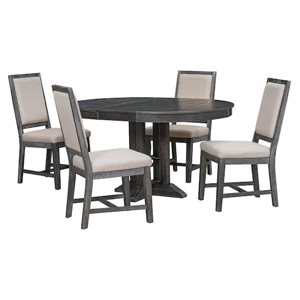 Farmhouse 5-Piece Black Wood Top Extendable Round Dining Table Set with 4-Upholstered Chairs