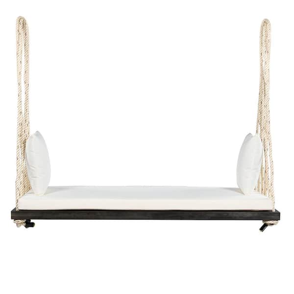 Wooden Swing Chair Hanging Porch Swing Bench w/ Cushion and Pillows 10. 8 ft. Hemp Ropes for Garden Backyard, Lawn Brown