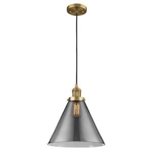 Cone 1-Light Brushed Brass Cone Pendant Light with Plated Smoke Glass Shade
