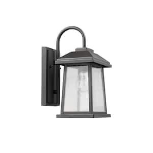 Charlton 1-Light Transitional Textured Black Outdoor Wall Lantern Sconce with Clear Seeded Glass