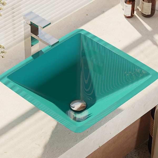 Rene Glass Vessel Sink in Cerulean with R9-7003 Faucet and Pop-Up Drain in Chrome