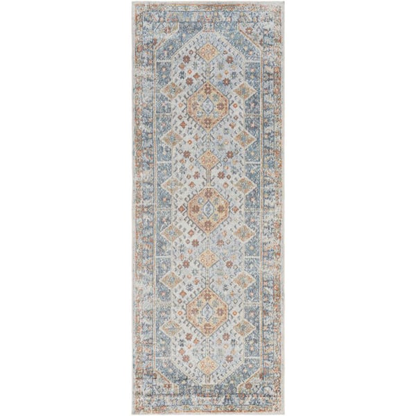Lillian Sky Blue/Beige 3 ft. x 7 ft. Machine-Washable Medallion Indoor Runner Area Rug