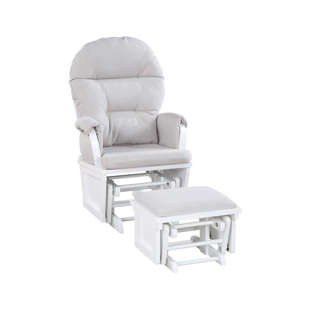 Modern White Polyester Wood Glider Rocker Chair and Ottoman Set Storage Pocket Padded Armrests and Detachable Cushion