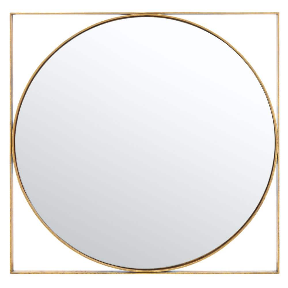 32" Geometric Round Wood Mirror with Gold Foil Accent