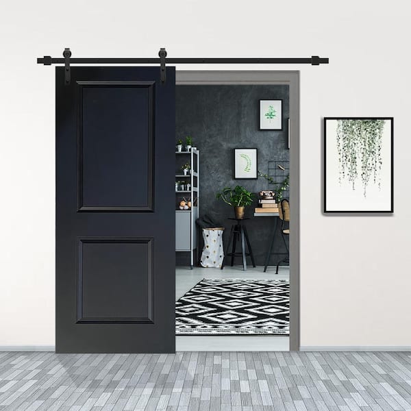 36 in. x 80 in. Black Painted Composite MDF 2 Panel Interior Sliding Barn Door with Hardware Kit