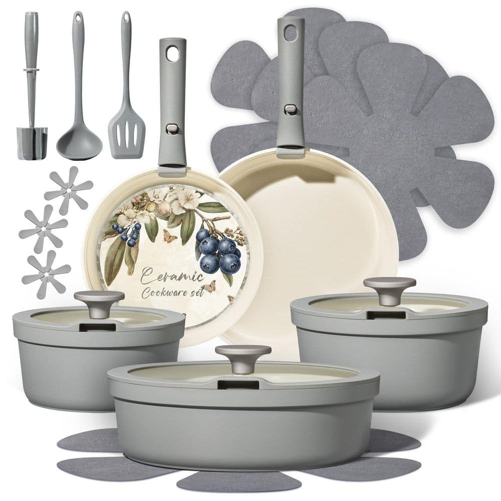 Wudkey 20 Piece Ceramic Cookware Set with Detachable Handles in