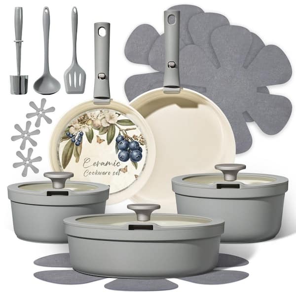20 Piece Ceramic Cookware Set with Detachable Handles in Gray, Non-toxic Induction Cookware PFAS and PFOA Free