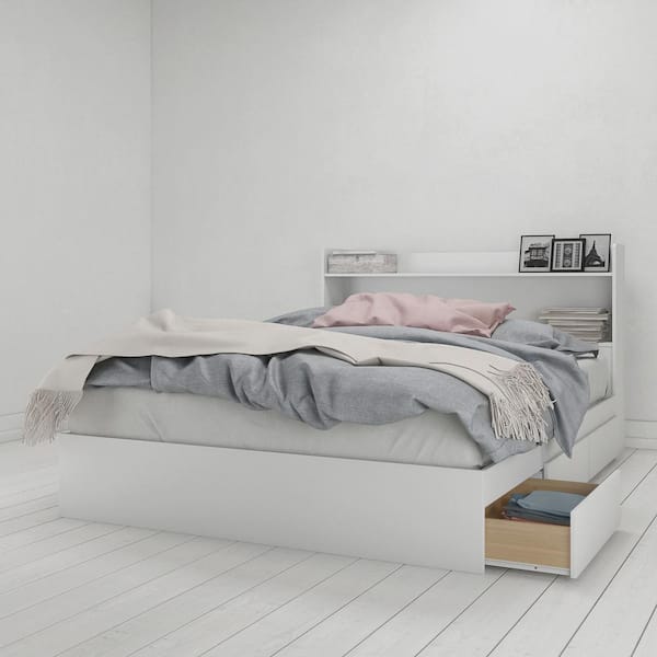 Nexera Aura White Queen Size 3-Drawer Storage Bed and Storage Headboard