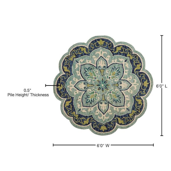 LR Home Suzy Radiant Teal/Gray 6 ft. Round Hand Hooked Mandala