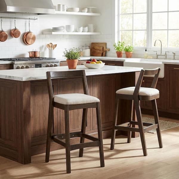 30 in. H Beige/Dark Brown Rubber Wood Bar Stool with Fabric Seat Set of 2
