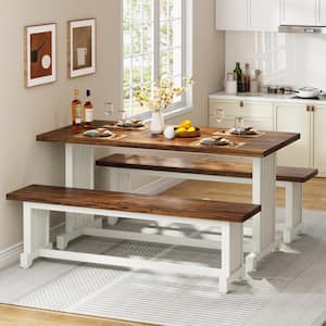 3-Piece Rectangular White Brown Engineered Wood Top Dining Room Set Kitchen Table (Set for 4-6)