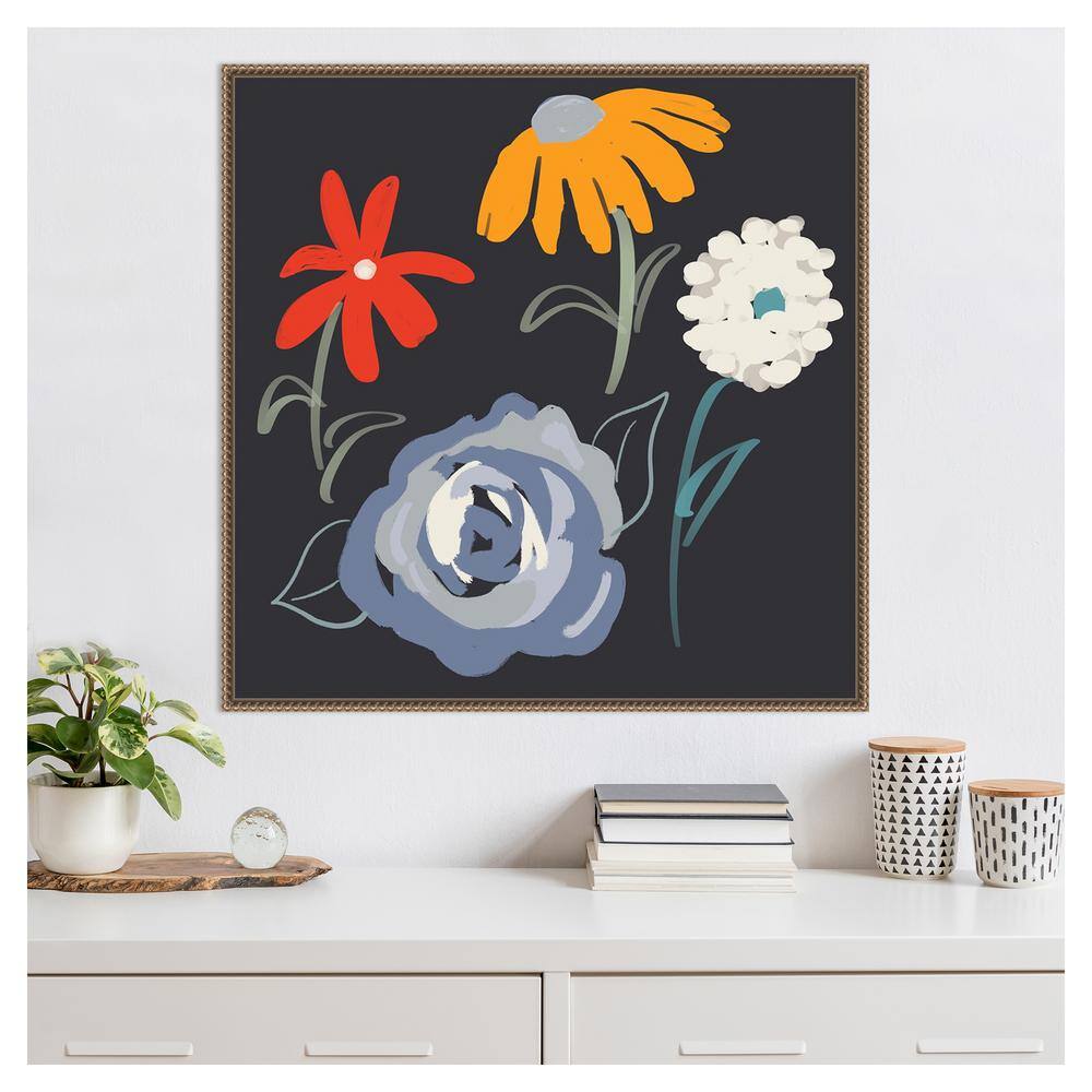 30"x30" Flowers at Night Abstract Canvas Wall Art with Bronze Frame