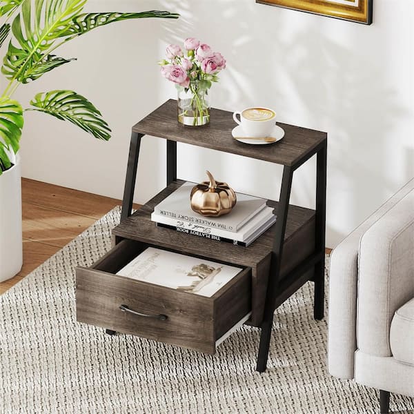 1-Piece Gray 1-Drawer Nightstand with Drawer Farmhouse 3-Tier Bedside Table with Open Shelf End Table
