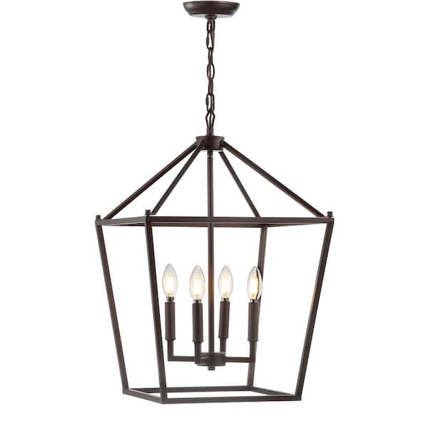 Pagoda 16 in. 4-Bulb Oil Rubbed Bronze Lantern Metal LED Pendant