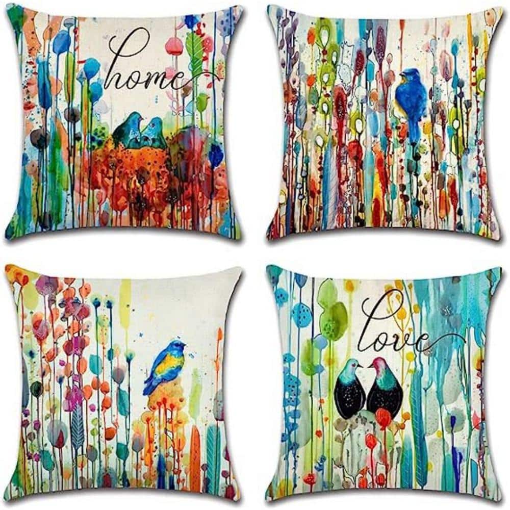 Outdoor Waterproof Throw Pillow Covers, Birds and Watercolor Splashes Patte