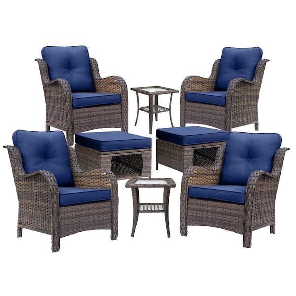 Brown 8-Piece Wicker Patio Furniture Set Outdoor Lounge Chairs Ottomans and Side Table with Navy Blue Cushions